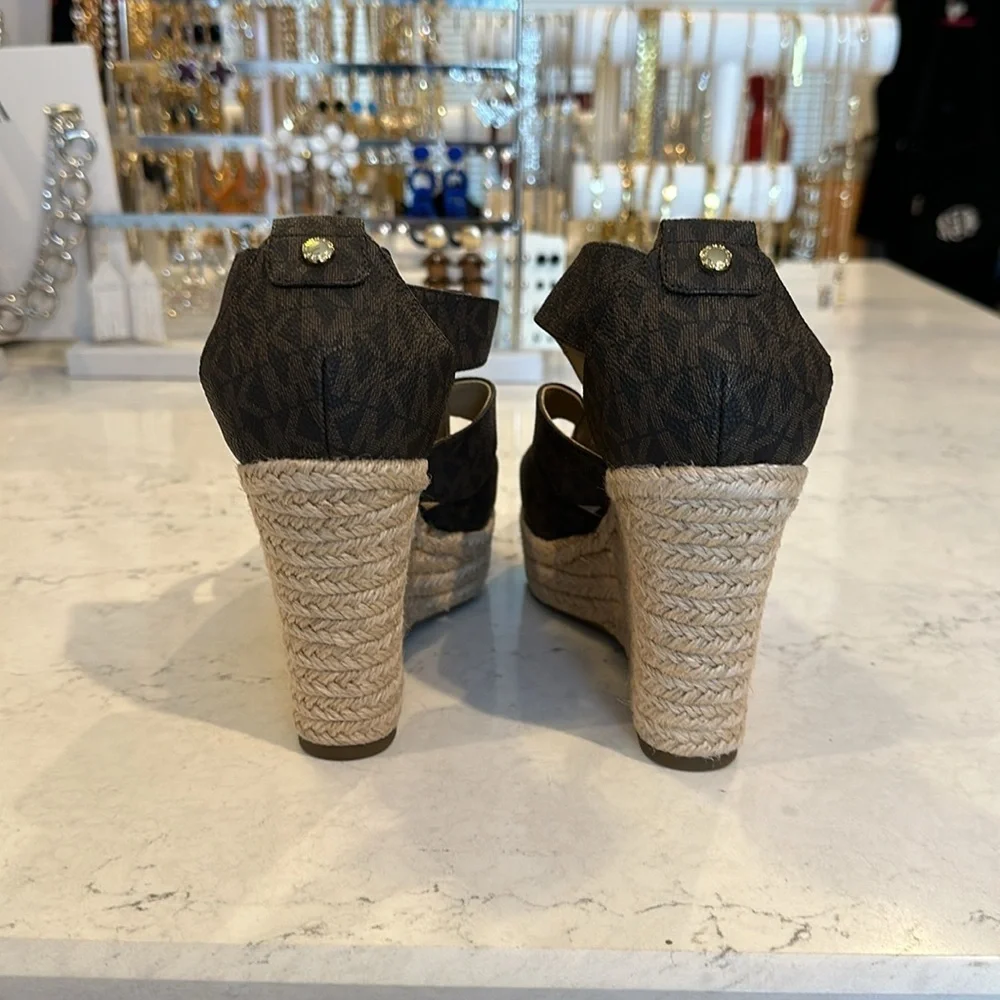Michael Kors brown monogram wedge sandals size 7